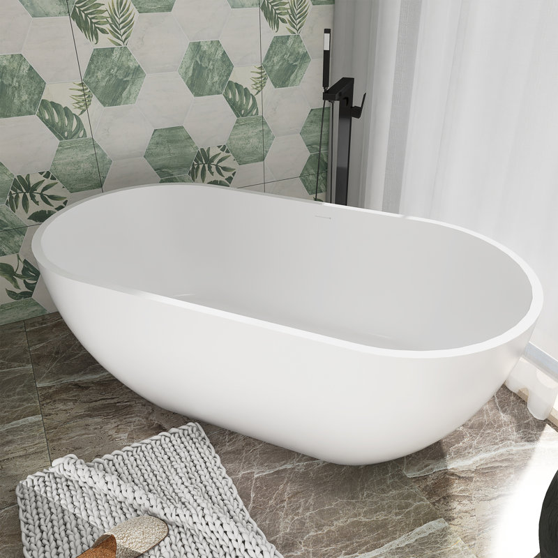 59-Inch Matte White Solid Surface Freestanding Soaking Bathtub