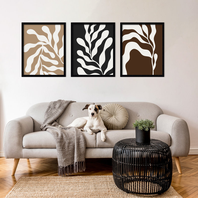 Retro Matisse Inspired Abstract Botanical - 3 Pieces by Erminia, 56" W x 21" H, Black