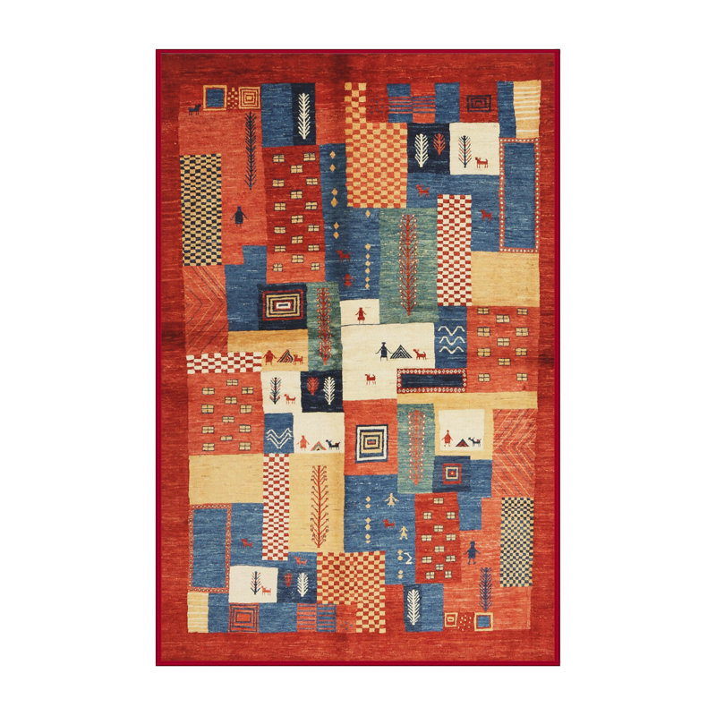 Tapis contemporain brun / rouge / gris, Rectangle 5 pi x 7 pi