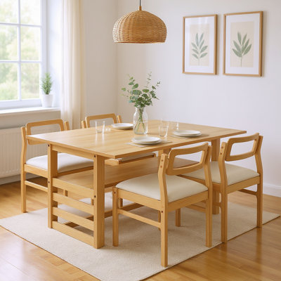 5-Piece Drop Leaf Dining Table Set with Storage Shelf and Upholstered Chairs, Solid Rubberwood Frame, Space-Saving Design for 2–4 People