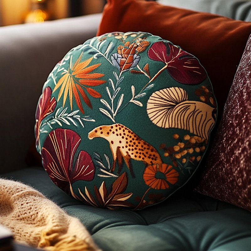 Tropical Leopard Embroidered Round Pillow