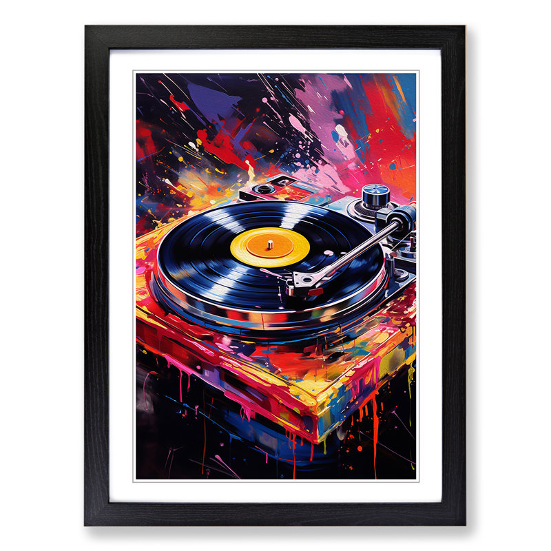 Record Player Action No.2 - Single Picture Frame Print on Wood, 34cm H x 25cm W x 2cm D, Black