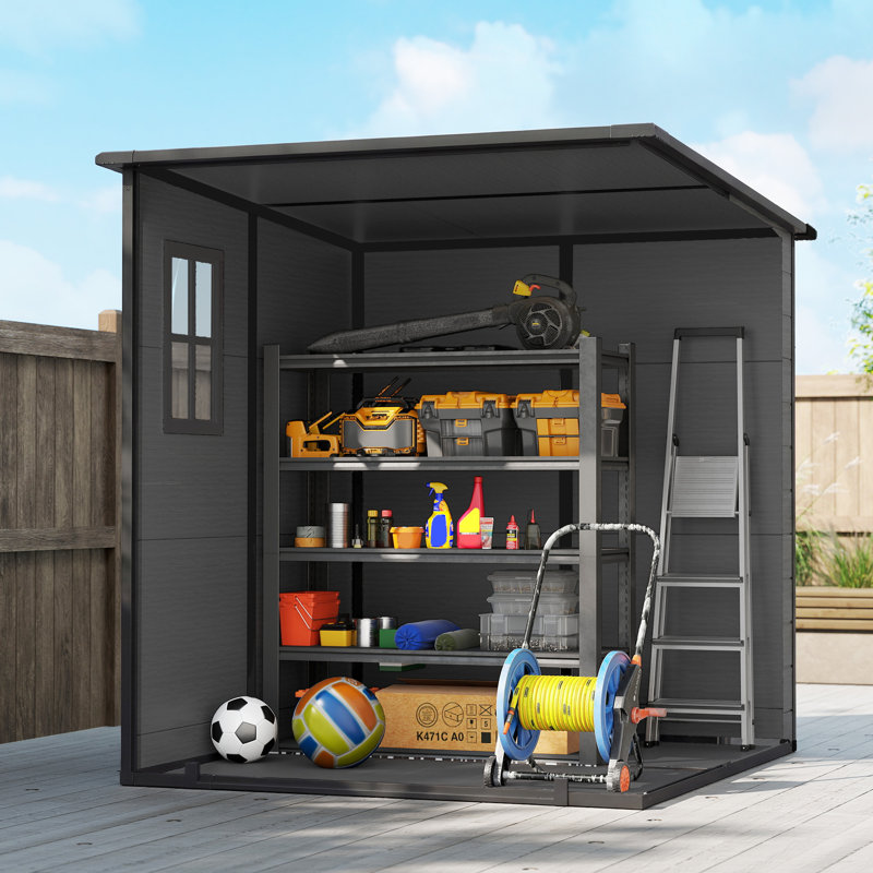 Outsunny 6 x 6 ft Plastic Garden Shed with Floor, Three Windows, Dark Grey