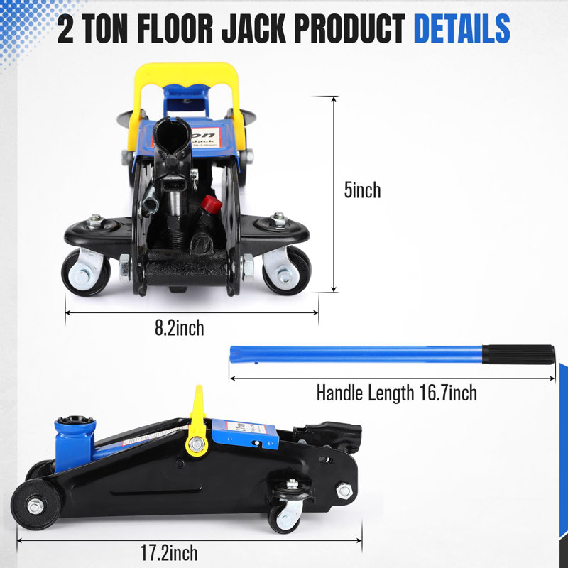 Cric de plancher hydraulique 2 tonnes - bas profil, chariot en acier robuste, pompe à soulèvement rapide, cuisinière de 3,35 po à 13 po, sac de rangement inclus - bleu