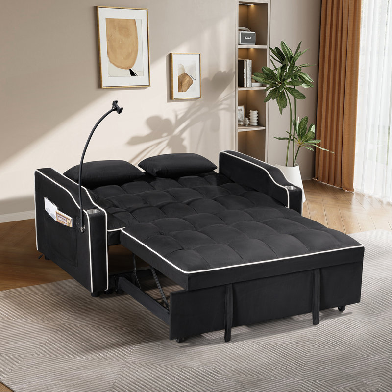 1 canapé-lit pliable multifonctionnel en 3 longueurs différentes, canapé moderne, tissu en suède amélioré, dossier réglable, avec port USB, cendrier et support de téléphone rotatif