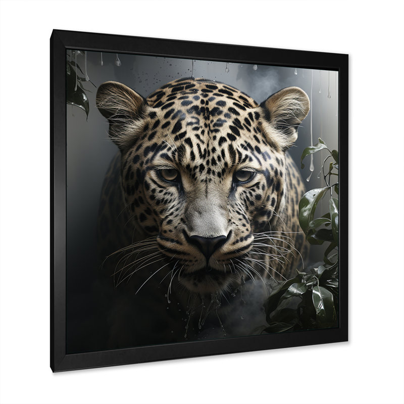 Portrait de léopard gris majestueux I - art mural léopard / guépard, Cadre simple noir, H 16 po x l 16 po x P 1 po