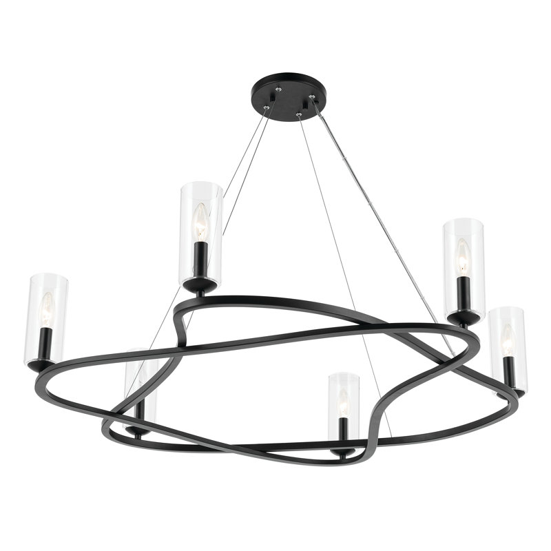 Curved Modern Chandelier with Clear Cylinder Glass, 6, Satin Black, 8.5" H x 37.75" W x 37.75" D