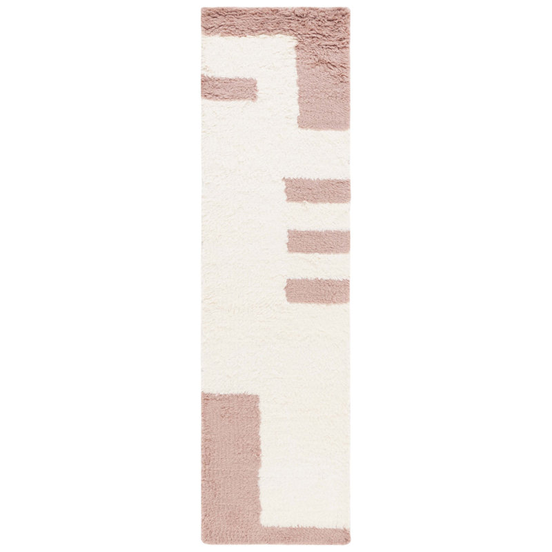 Caben Hand Woven Wool/Cotton Rug in Ivory/Pink, Runner 2'3" x 9'