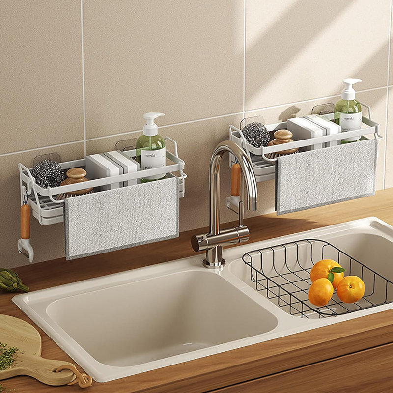 Évier de cuisine multifonctionnel en acier inoxydable avec plateau de drainage et fixation murale, Blanc