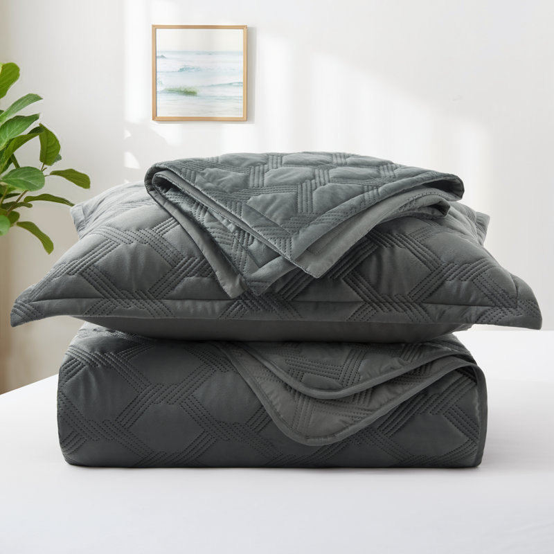 Reversible Diamond Embossed Bedspread Set – Geometric Quilt With Shams, Gray Geometric, Twin Bedspread Set with 1 Pillow Sham