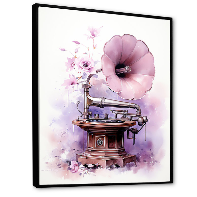 Floral Phonograph Purple Mussic - Phonographs, art mural, Cadre flottant noir, H 32 po x l 24 po x P 1 po