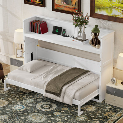 Lit escamotable simple TG avec bureau, lumière DEL et station de charge USB, blanc