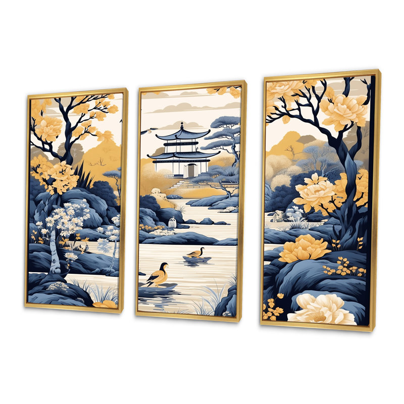 «Blue and Yellow China Blooming Landscape II», art mural Chine, Cadre flottant doré, H 28 po x l 36 po x P 1 po