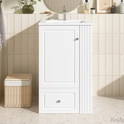 Meuble-lavabo autoportant de 20 po avec lavabo en céramique, trou de robinet simple, armoire de rangement en panneau de fibres à densité moyenne avec tiroir à fermeture en douceur, tablettes latérales ouvertes avec barre à serviettes en bois de pin