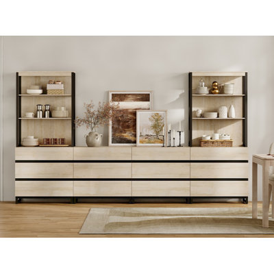 Garde-manger de style campagne moderne avec 18 tiroirs, rangement de cuisine autoportant avec tablettes à 3 niveaux et pieds en métal noir, buffet de salle à manger en bois
