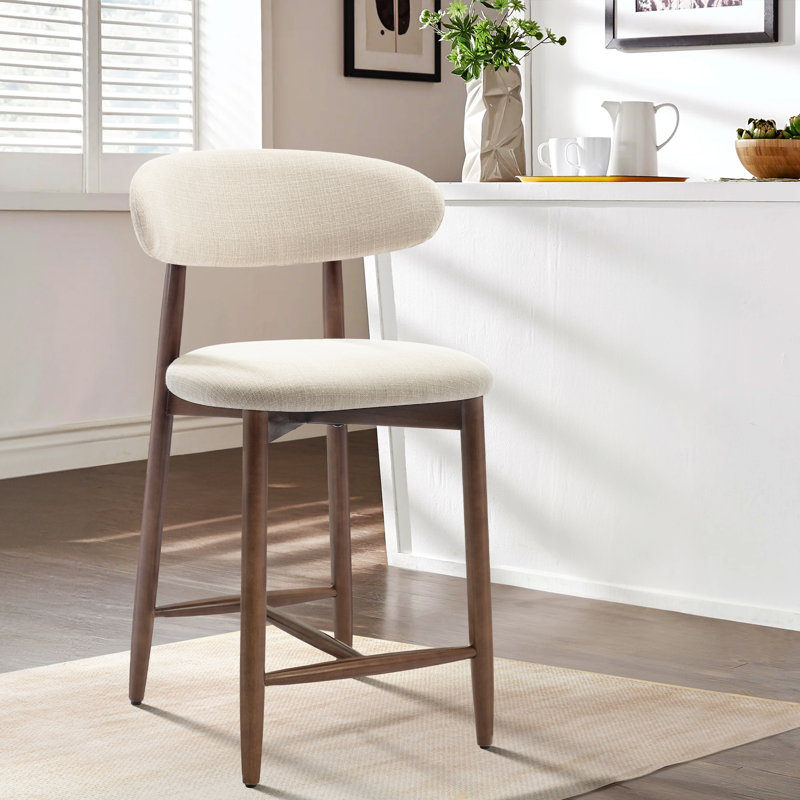 Modern Bar Stool with Breathable Fabric & Solid Wood Frame, Curved Backrest for Comfort, Beige