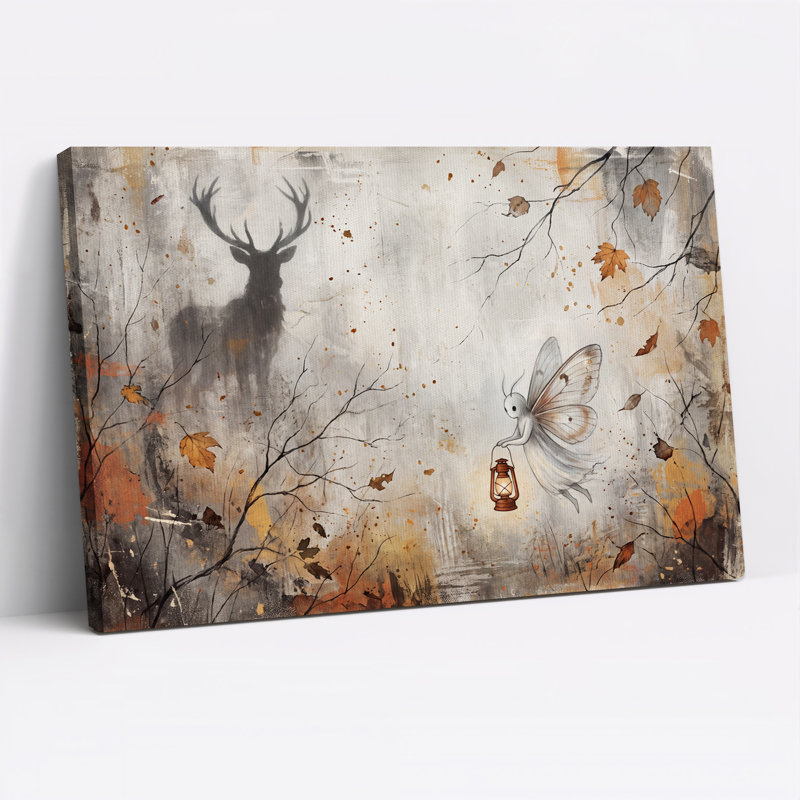 Fée tenant une lanterne près d'un cerf, art d'Halloween sur toile, H 28 po x l 40 po