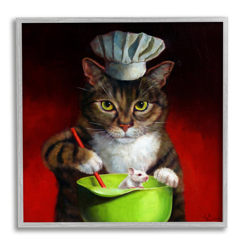 Chat chef et souris encadré sur bois, Estampe numérique Farmhouse, H 17 po x l 17 po x P 1,5 po