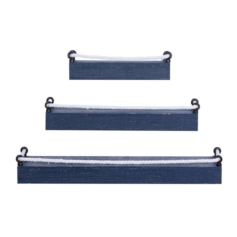 Blue Wood 3 Shelves Wall Shelf with Knotted Rope 3 - Pieces