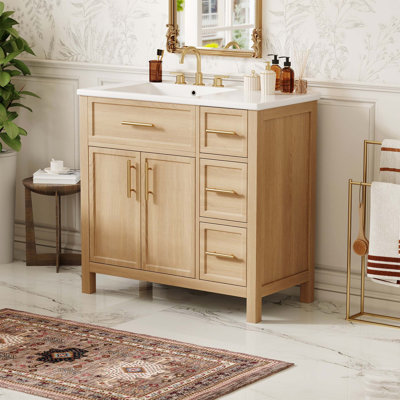 Meuble-lavabo de 91 cm (36 po) avec lavabo, meuble-lavabo à deux portes et trois tiroirs, bois massif, panneaux MDF, un colis