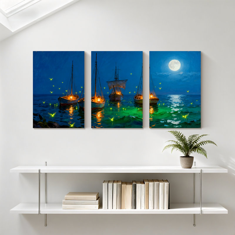 Nautique au clair de lune, bateaux océaniques, lucioles, ensemble de 3 reproductions d'art sur toile, H 18 po x l 36 po