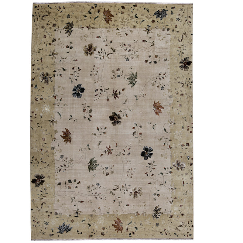 Tapis ivoire / vert noué à la main de haute qualité