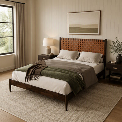Acacia Wood  Platform Bed with Hand-Woven Vegan Leather Headboard,