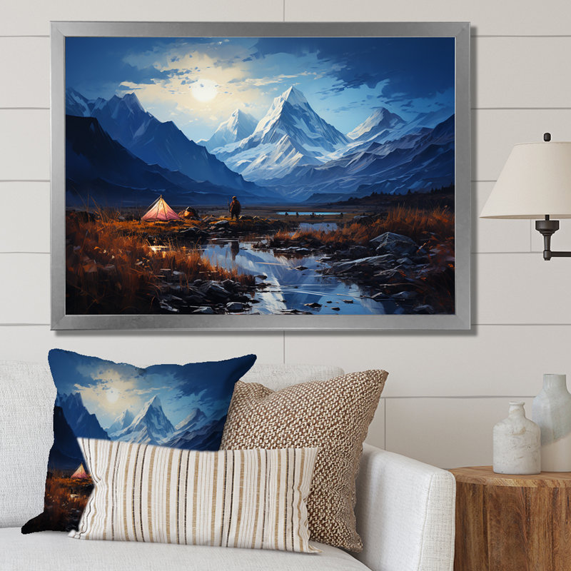 Mountain Mountain Solitude 1 - camping, art mural, Cadre de coin argenté fermé, H 16 po x l 32 po x P 1 po