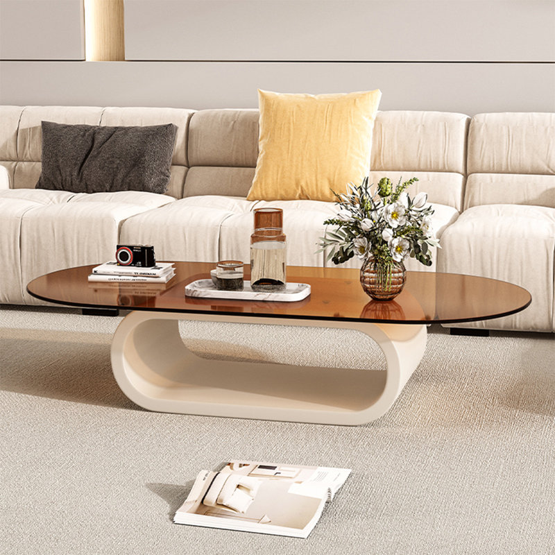 Simple light luxury oval glass coffee table, 14.2" H x 51.1" L x 27.6" W