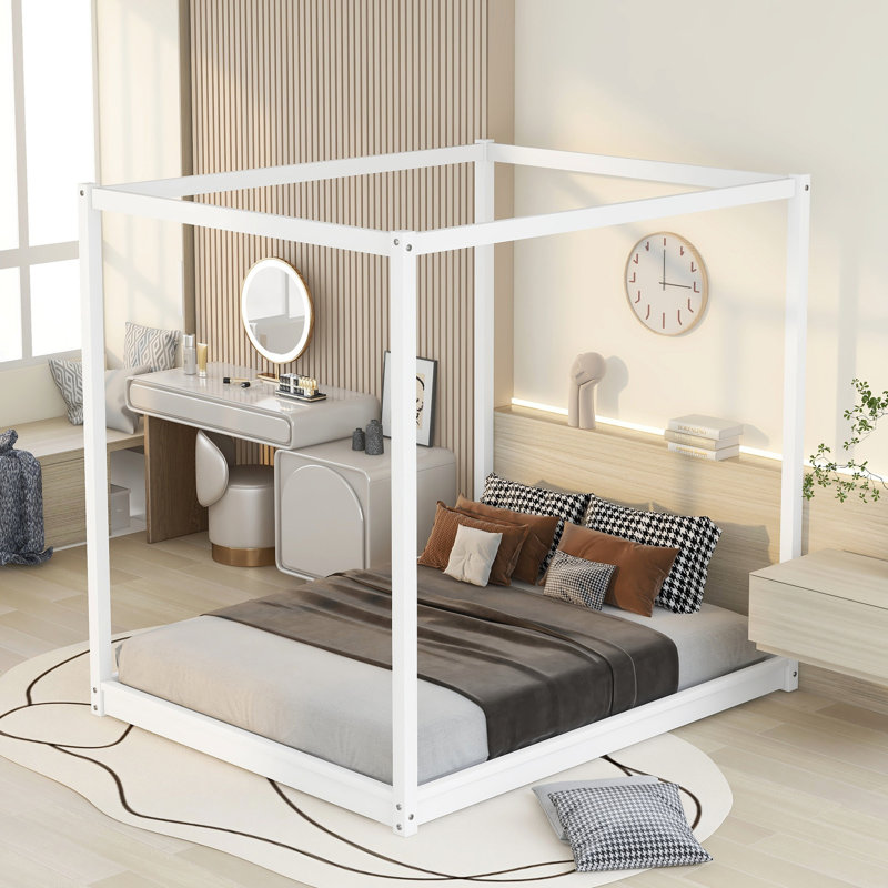 Base de lit à baldaquin grand avec support en lattes de bois et pieds de support, sans sommier, blanc