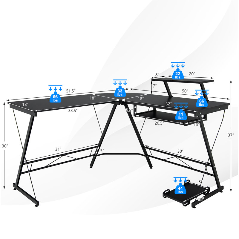 Jazabell L-Shaped Metal Base Computer Desk