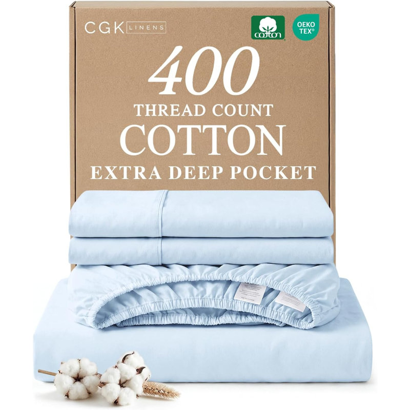 4 Piece 400 Thread Count Cotton Sheet Set – Extra Deep Pocket, Cooling, Breathable & Soft Bedding, Light Blue