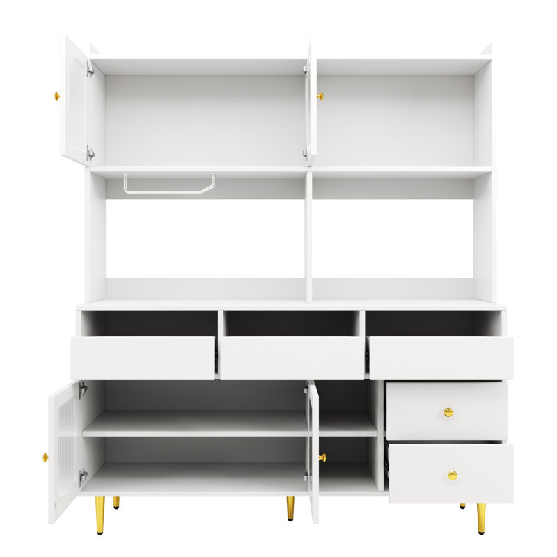 145×39×171cm White Multi-Purpose Sideboard with Gold Trim, Changhong Glass Doors & Built-in Wine Rack, Storage Cabinet for Home & Restaurant