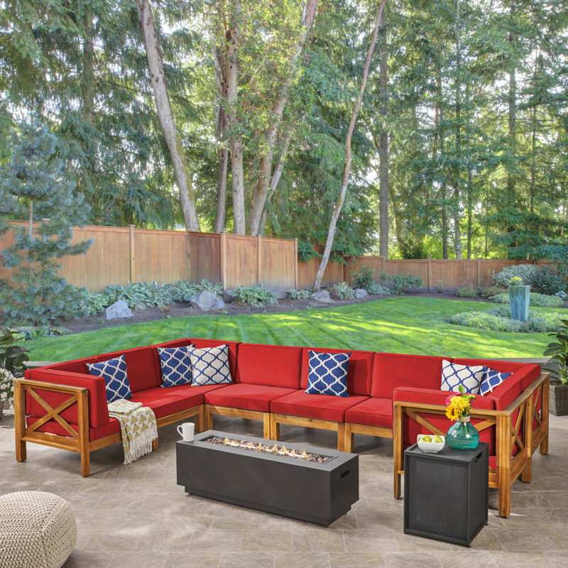 8 - Person Modular Patio Conversation Set with Cushions, Teak Frame / Red Cushion