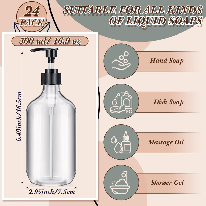 24 pièces Distributeur de savon Pompe en plastique vide Bouteille de savon en vrac Distributeur de shampoing réutilisable pour désinfectant pour les mains Lotion nettoyante pour le corps Bain de toilette (16.9 oz)