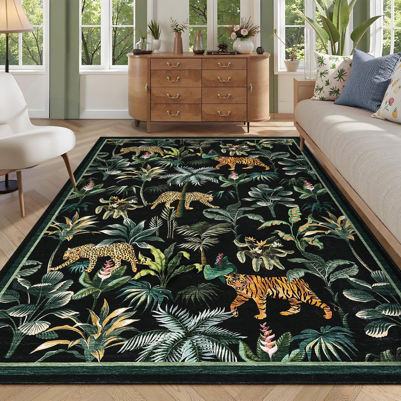Tiger Area Rug for Living Room, Machine Washable Non-Slip Low Pile Rug, Botanical Jungle Animal Print Rug, Stain-Resistant Soft Foldable Floor Covering