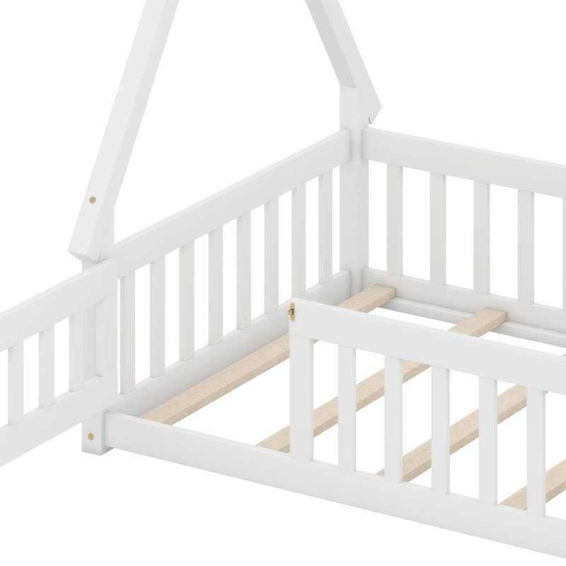 Whimsical Tent-Shaped Bed With Integrated Guardrails, Support Slats, And Doorway Design, Twin, White