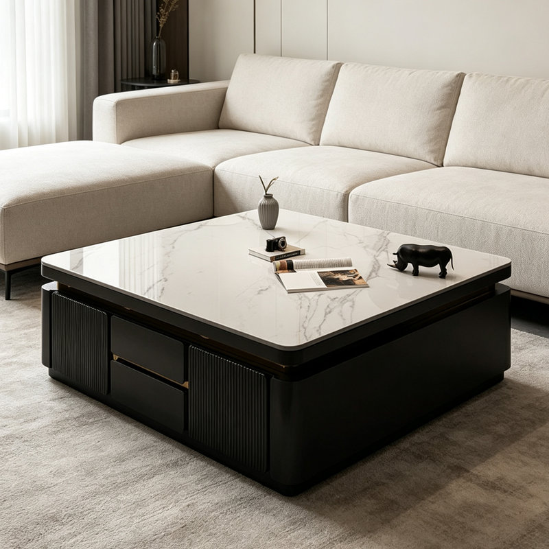 Table basse moderne en pierre, H 18,1 po x l 51,2 po x P 51,2 po, Grey / Black
