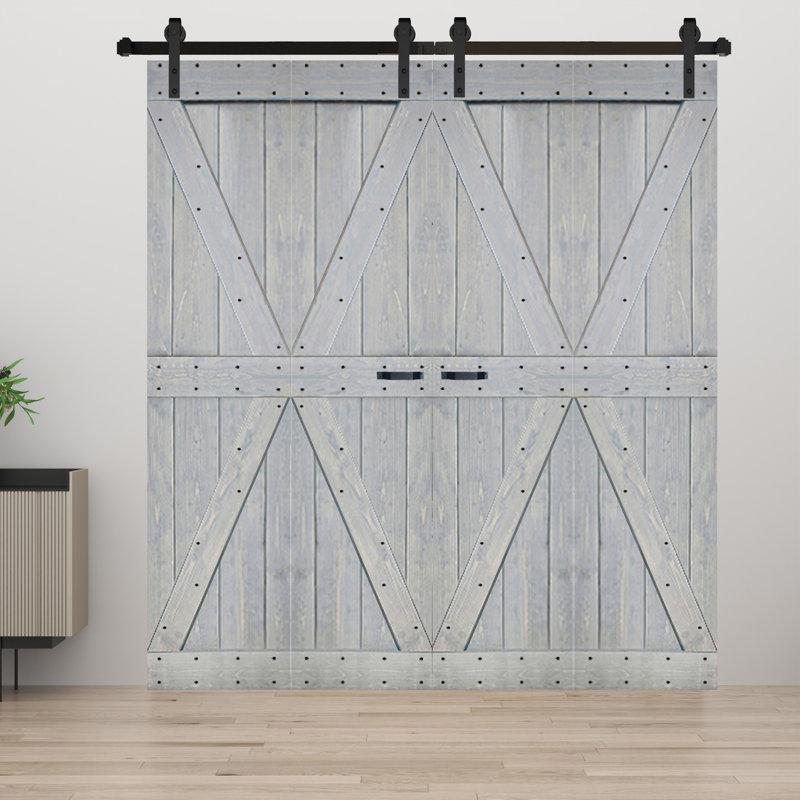 Porte de grange double pliante en bois massif de style K avec ensemble de quincaillerie - Assemblage requis, Gris français