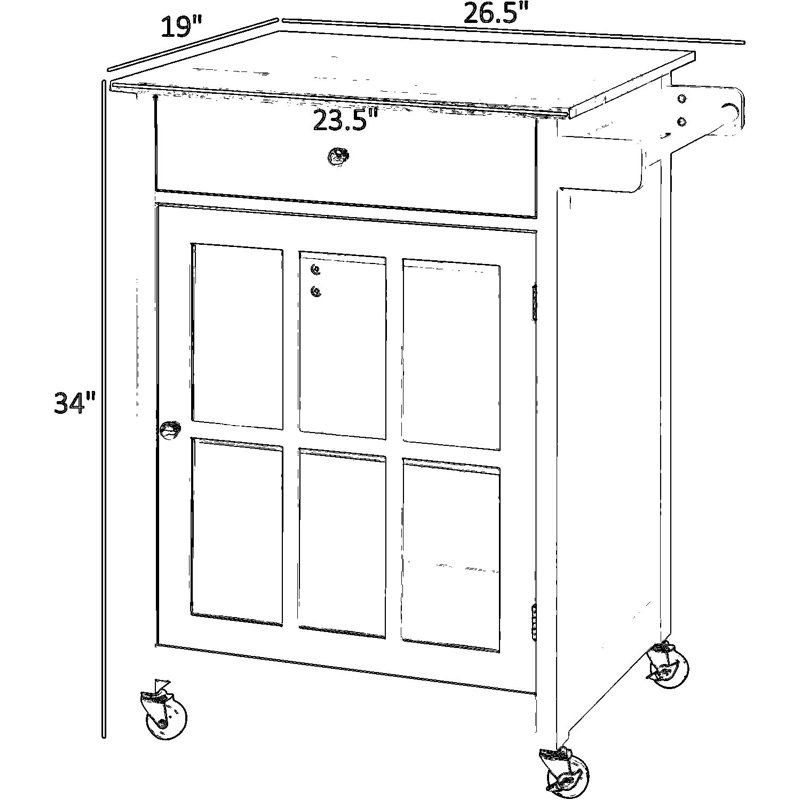 Chariot pour îlot de cuisine avec tiroir et porte vitrée, tablette réglable, porte-serviettes et 4 roulettes pour un rangement et une mobilité flexibles