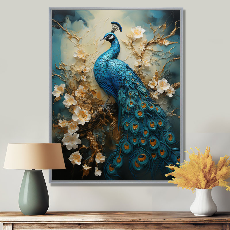 Illustration encaustique de paon d'Yvens II - paon, art mural, Cadre simple noir, H 20 po x l 12 po