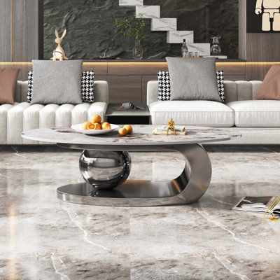 Table basse 51 pouces ovale en faux marbre pour salon avec base en acier inoxydable