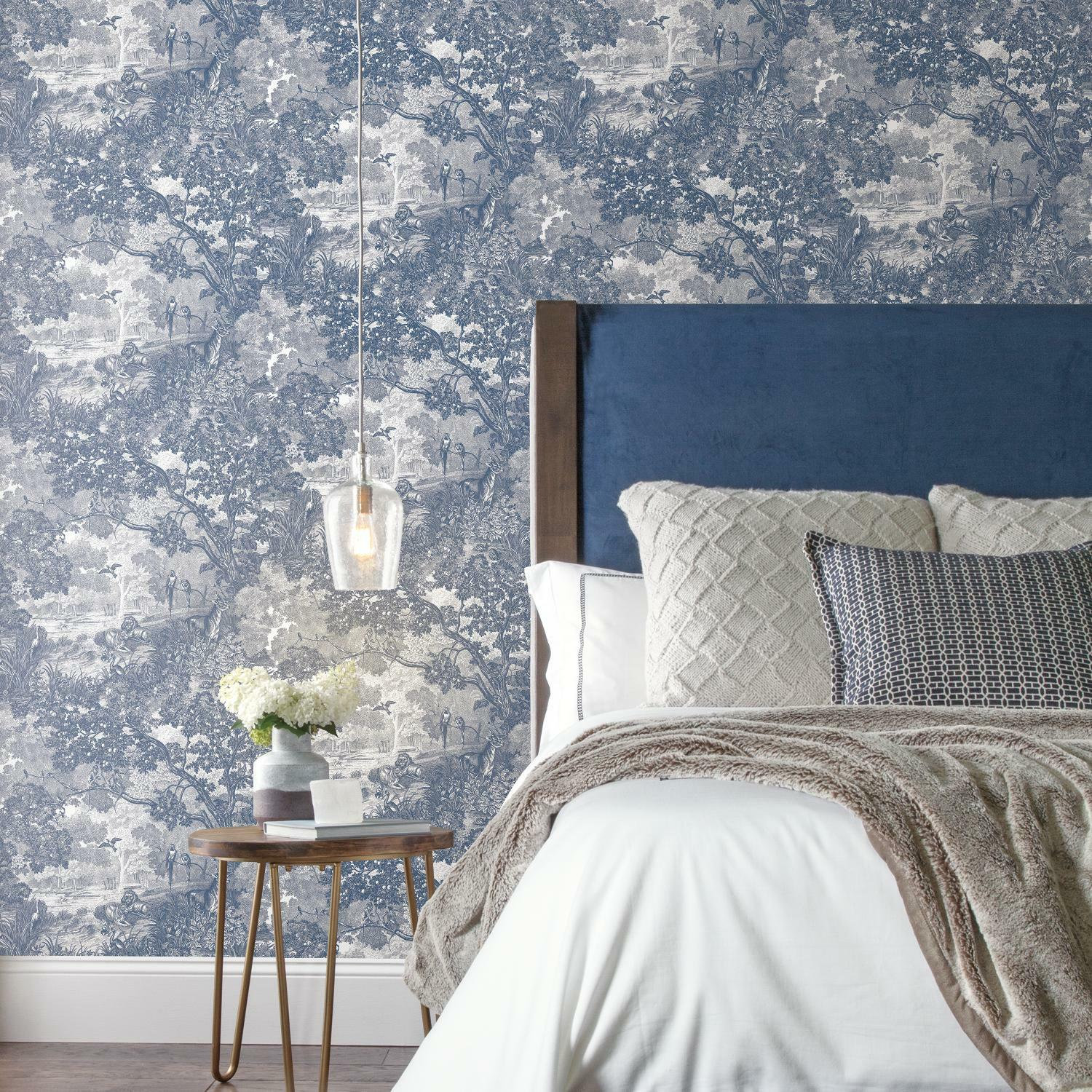 Modern Peel & Stick Toile Wallpaper, Blue