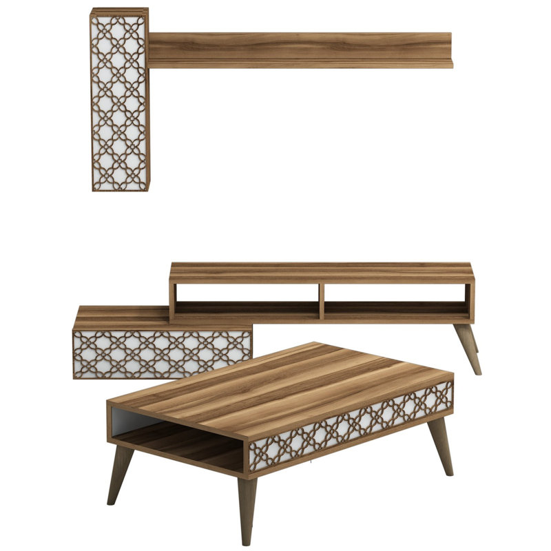 Ensemble de meubles de salon moderne, noyer et blanc, meuble télé 59,1 x 14,6 x 15,0 pouces, tablette murale 55,1 x 8,7 x 27,6 pouces, table basse 41,3 x 23,6 x 14,6 pouces | Panneau de particules enduit 100% mélamine, design élégant et fonctionnel