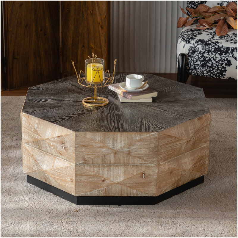 Table basse octogonale, table centrale en bois de style rétro de 38 pouces avec motif en relief tridimensionnel, table de cocktail rustique pour le salon