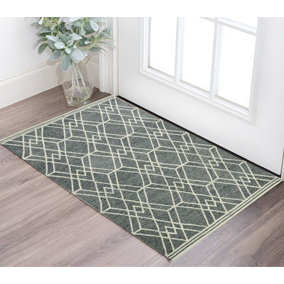 Tapis géométrique crocheté à la main gris et ivoire 2 pi x 3 pi