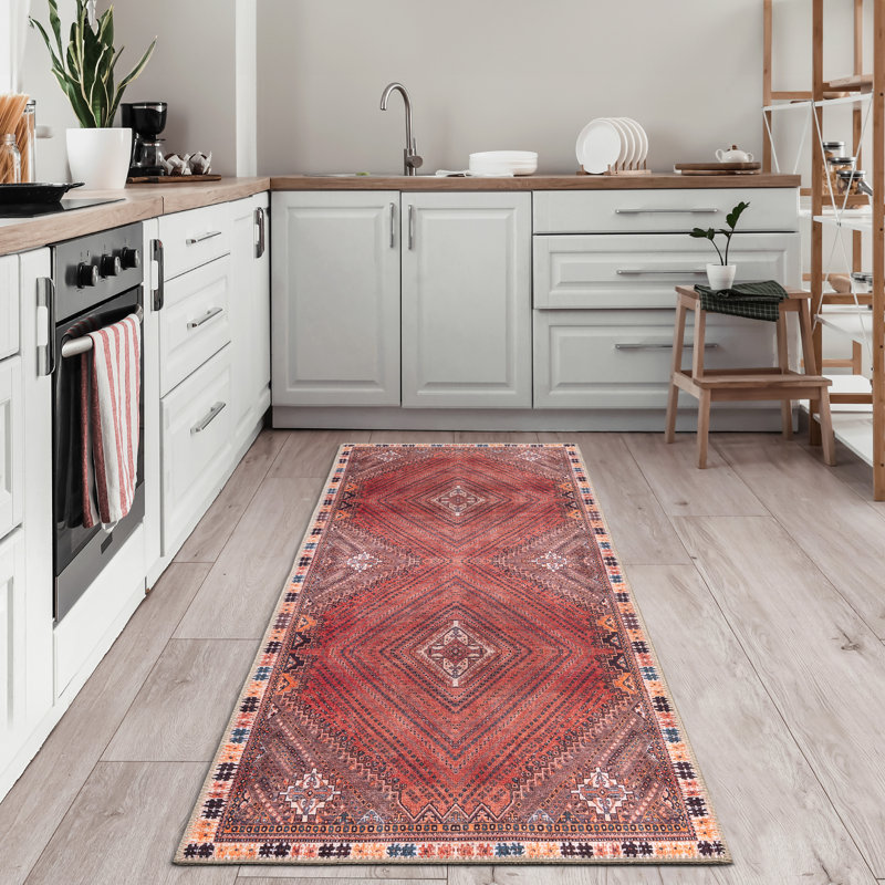 Tapis de couloir lavable antidérapant 12 pi - Bordure traditionnelle rouge / multicolore, Tapis de couloir 2 pi 6 po x 12 pi
