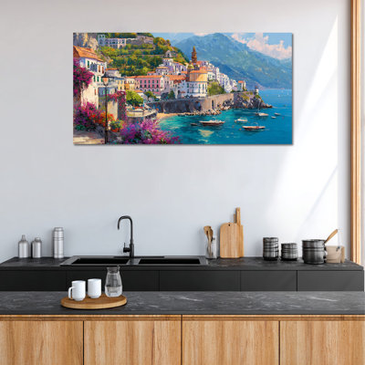  Extra Large Amalfi Coast Wall Art, Italy Painting Mediterranean Italian Wall Decor, Vibrant Coastal Village Picture, Colorful Seaside Architecture Artwork for Living Room Bedroom 24x48"