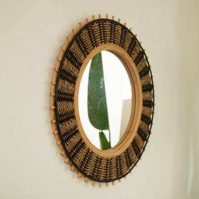 23'' Echo Mirror, Bamboo Round Art Wall Mirror With Light Yellow And Hemp Ropes, Suitable For Bathroom, Bedroom, Living Room, Entryway, Etc.