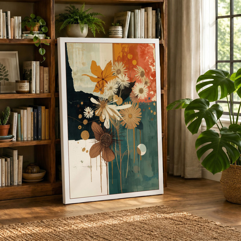 Geometric Bloom Arrangement Mid-Century - Wrapped Canvas, 18x12 - 45.7 x 30.5 cm, Taupe Border
